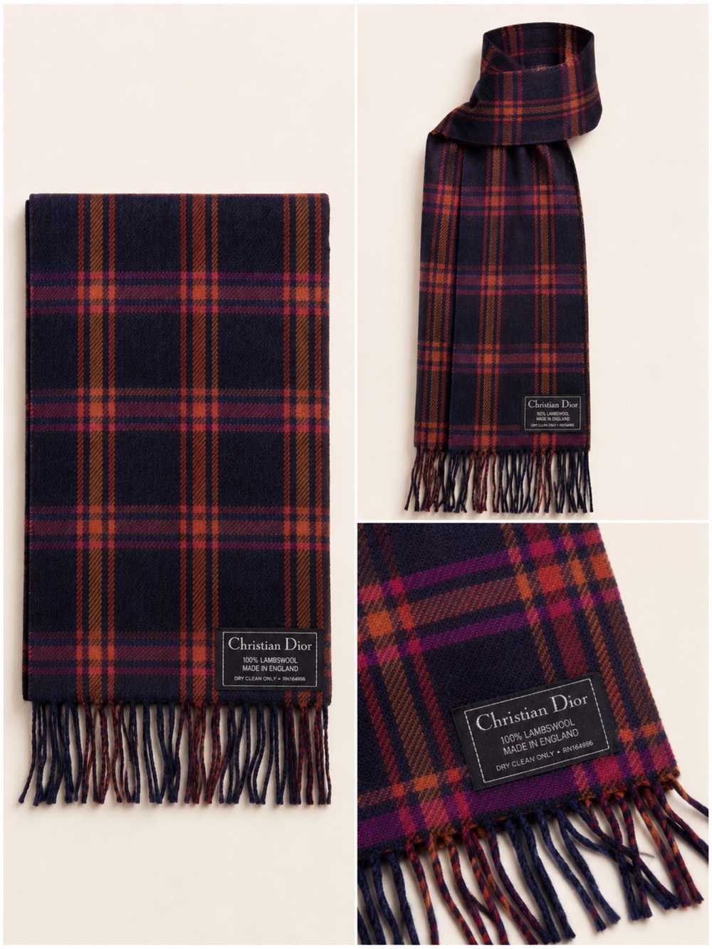 Vintage Christian Dior Lambswool Plaid Scarf